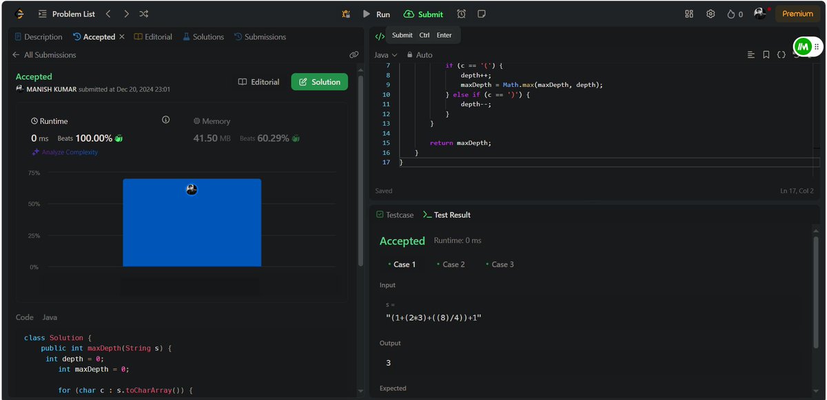Manishk67735109's tweet image. 💻 #day55  of #100DaysOfCode
Striver’s DSA Sheets
📷 Solved  #LeetCode 1614. Maximum Nesting Depth of the Parentheses
  #codinglife
@striver_79

#DSAChallenge #LearningInPublic