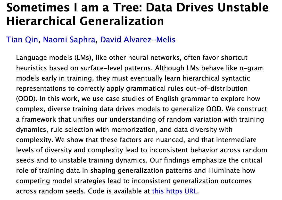 Naomi Saphra hiring a lab 🧈🪰 (@nsaphra) on Twitter photo Transformer LMs get pretty far by acting like ngram models, so why do they even learn syntax? A new paper by <a href="/sunnytqin/">Sunny Qin</a>, me, and <a href="/elmelis/">David Alvarez Melis</a> uncovers the keys to grammar learning in a whirlwind tour of generalization, grokking, training dynamics, memorization, and random variation. Transformer LMs get pretty far by acting like ngram models, so why do they even learn syntax? A new paper by <a href="/sunnytqin/">Sunny Qin</a>, me, and <a href="/elmelis/">David Alvarez Melis</a> uncovers the keys to grammar learning in a whirlwind tour of generalization, grokking, training dynamics, memorization, and random variation.