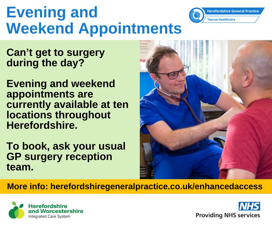 Don't forget, if you can't get to surgery during the day you can ask for an evening or weekend appointment.
Bookings are currently available at ten locations throughout Herefordshire. To book, ask your surgery reception team. 
Further information:  herefordshiregeneralpractice.co.uk/for-patients/e…