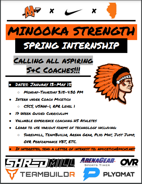MinookaStrength's tweet photo. ‼️MINOOKA STRENGTH SPRING INTERNSHIP‼️

📅Dates: January 13-May 15
🕘Time: Monday-Thursday 3:15-4:30PM
📕17 Week Guided Curriculum
➡️If interested, send a letter of interest to: nmicetich@mchs.net
@Minooka_Indians @MCHSDistrict111 @MCHS_AO @TFConsortium @NHSSCA @NHSSCA_IL https://t.co/BrIS9YvLpd