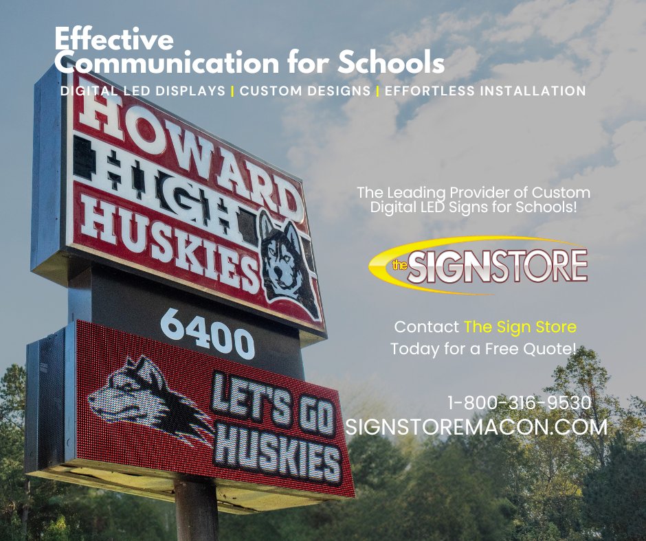 signstoremacon's tweet image. Empowering schools to enhance communication! Our LED digital sign for Howard High School conveys impactful messages every day. Elevate your school’s signage now. 1-800-316-9530 | SIGNSTOREMACON.COM
#SchoolSigns #LEDDigitalDisplays #TheSignStoreMacon