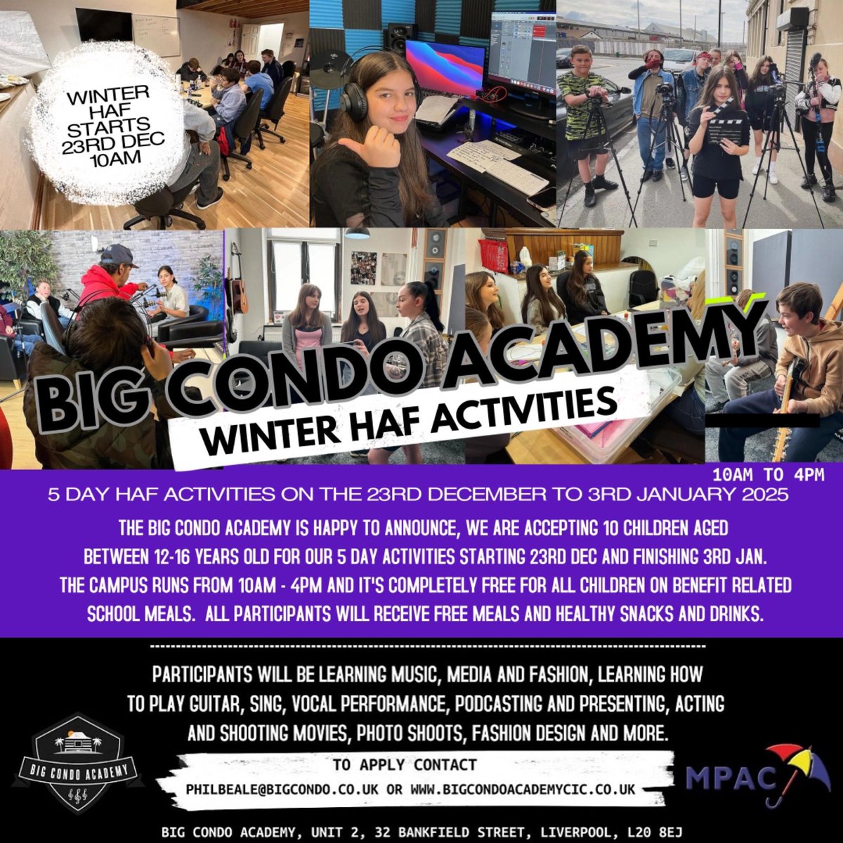 BigCondoAcademy's tweet photo. Available @PlayMpac haf activity places for the 23rd December to the 3rd January 2025, 5 places available for children on benefit related school meals, learners will be taking part in music classes, podcasting and film making, plus so much more… contact philbeale@bigcondo.co.uk https://t.co/b5BDfXJgPV