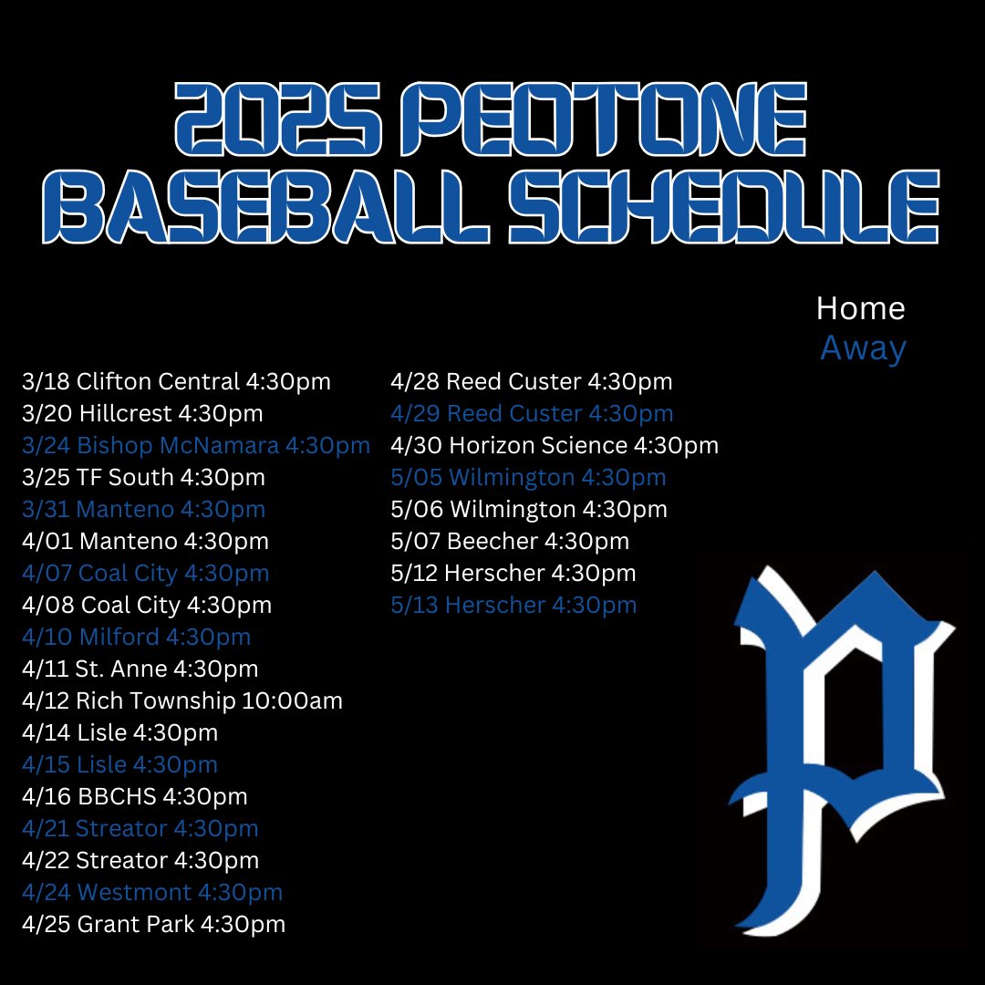 Baseball season is just around the corner! Here is your Peotone Varsity Blue Devil schedule for the 2025 season!