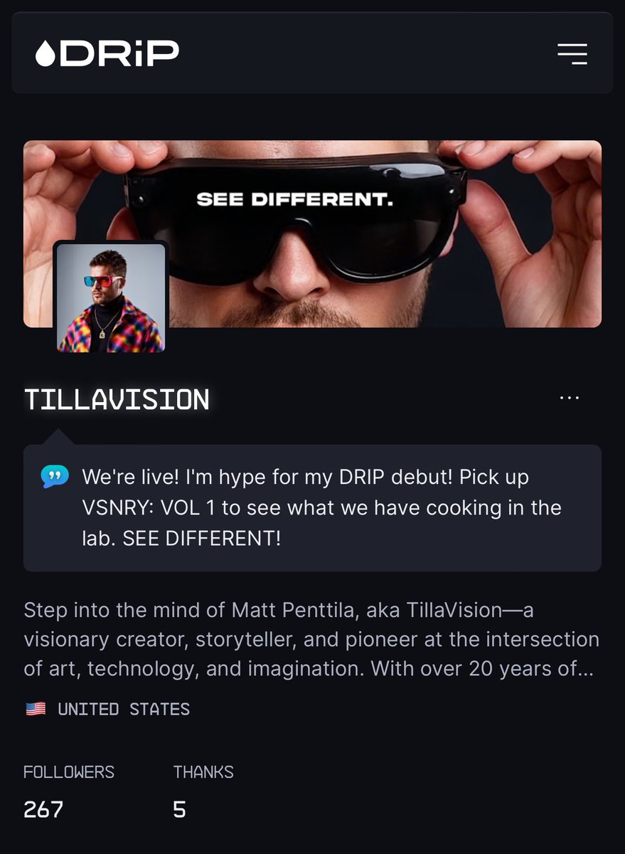 tillavision's tweet photo. Catch me on @drip_haus #featuredartist π§ showcasing a blend of my βmixed realityβ, a glimpse into the Tillavision lab and my new A.Eyewear #SEEDIFFERENT a philosophy I live by and invite you to learn the ways of the virtual visionary. Join the journey π«‘ #VSNRY #tillavision #DRiP π