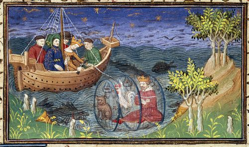 amadalvarez's tweet photo. Miniature of Alexander exploring the ocean in a glass barrel, With a cat and a cock; his wife tries to murder him by cutting the cord connecting him with the ship; from Le livre et le vraye hystoire du bon roy Alixandre, France (Paris), c. 1420, Royal MS 20 B XX, f. 77v. https://t.co/tcDDc5ePZi
