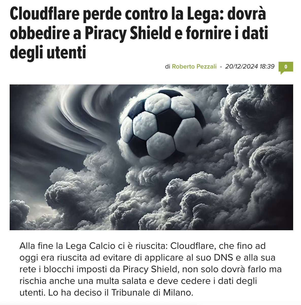 "Se #Cloudflare non obbedirà dovrà pagare una penale di 10mila € al giorno.
Di fronte a queste condizioni è probabile che l’azienda americana faccia ricorso o, ancora peggio, decida di abbandonare del tutto il nostro Paese".
<a href="/robypez/">Roberto Pezzali</a> su <a href="/Digital_Day/">DDay.it</a> 
🔗 dday.it/redazione/5151…
