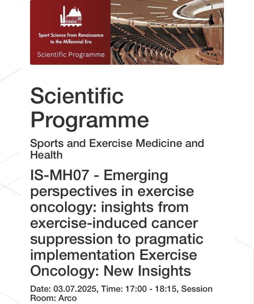 v_natalucci's tweet image. I’m so excited to announce that our Symposium proposal has been accepted for @E_C_S_S in Rimini!🤩
We will talk about emerging perspectives in #exercise #oncology.
Thanks to a great team @ProfRobNewton and @AvanciniAlice 🙌🏻🔥
Check it out! IS-MH07, n.21👇🏻
sport-science.org/index.php/prog…