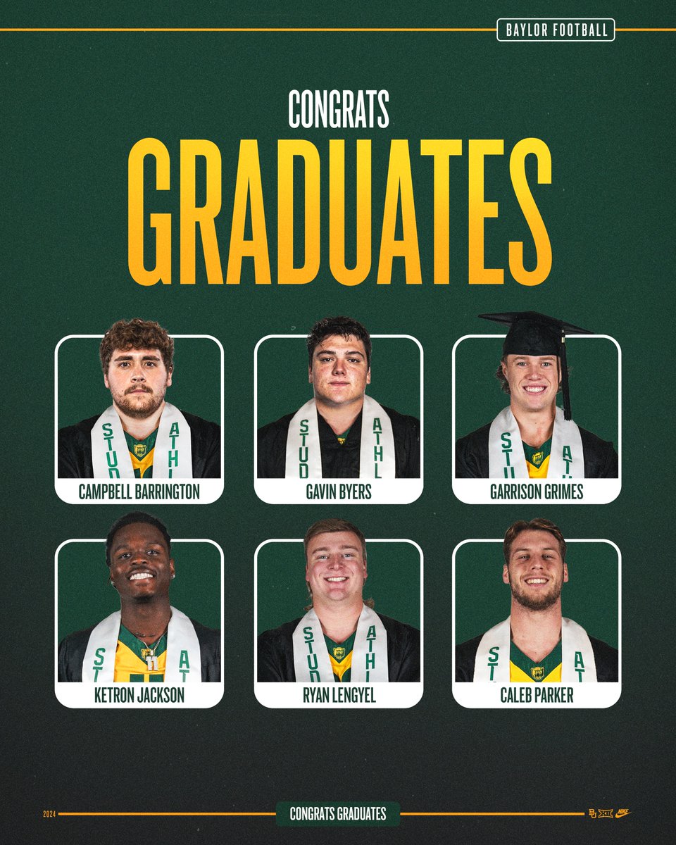 Baylor Football (@bufootball) on Twitter photo Congratulations to all of our December 2024 Baylor Grads!
🎓 <a href="/campbellkip71/">Campbell Barrington</a>
🎓 <a href="/Gavinb_89/">Gavin</a>
🎓 <a href="/GarrisonGrimes/">Garrison Grimes</a>
🎓 <a href="/D1_tron/">🌴</a>
🎓 <a href="/ryanLengyel1/">Ryan Lengyel</a>
🎓 Caleb Parker
#SicEm Congratulations to all of our December 2024 Baylor Grads!
🎓 <a href="/campbellkip71/">Campbell Barrington</a>
🎓 <a href="/Gavinb_89/">Gavin</a>
🎓 <a href="/GarrisonGrimes/">Garrison Grimes</a>
🎓 <a href="/D1_tron/">🌴</a>
🎓 <a href="/ryanLengyel1/">Ryan Lengyel</a>
🎓 Caleb Parker
#SicEm