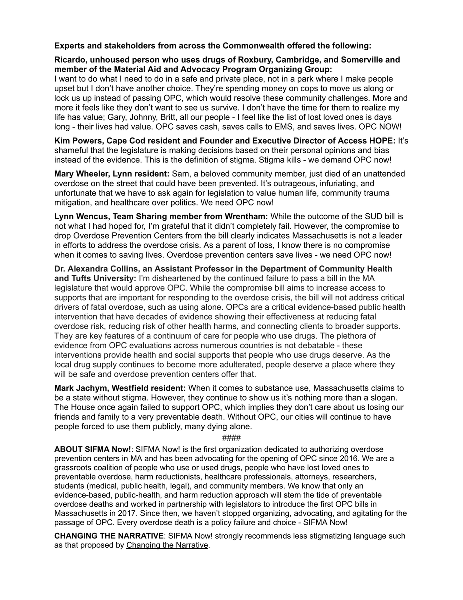 At least 14,874 people in MA have died of PREVENTABLE OD since 1st #SIFMANOW bill in 2017.

#MApoli again made decision, based on stigma &amp; bias NOT evidence to remove #overdosepreventioncenters from SU bill.

EVERY OD DEATH IS A POLICY FAILURE &amp; CHOICE!

We demand #YestoSCS!