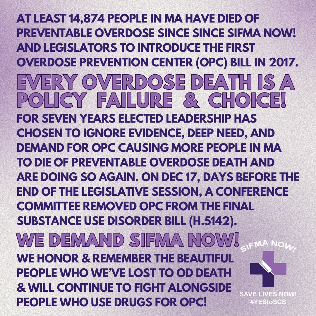 Shamefully, #MApoli pols have AGAIN chosen to ignore evidence, deep need &amp; demand for #OverdosePreventionCenters &amp; made the stigma-based decision to remove OPC from their final SUD bill.

We'll continue to demand #YESTOSCS &amp; fight alongside people who use drugs for #SIFMANOW!
