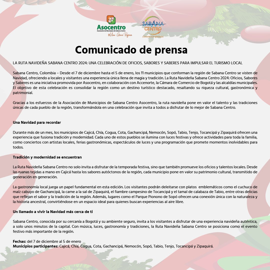 Comunicado de Prensa

La Ruta Navideña Sabana Centro 2024: Oficios, Sabores y Saberes

Del 7 de diciembre al 5 de enero, Sabana Centro se llena de magia con la Ruta Navideña 2024, una celebración que destaca la cultura, gastronomía y tradiciones.