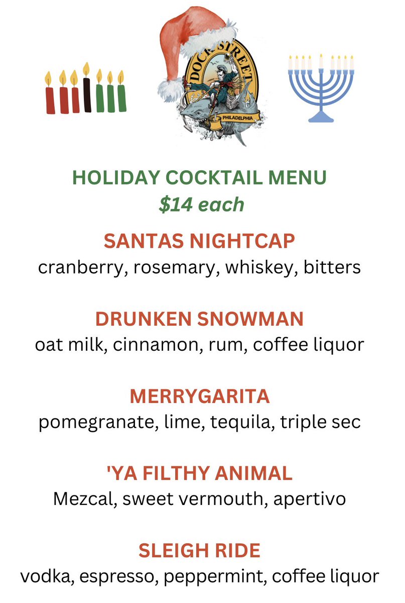 Our Holiday Cocktails have no business being this insanely delicious to be quite honest. Come to @dockstreetfishtown or Dock Street South for a Santa’s Nightcap and stay for a Sleigh Ride topped off with a Ya Filthy Animal 🎅 dockstreetbeer.com/dock-street-so…