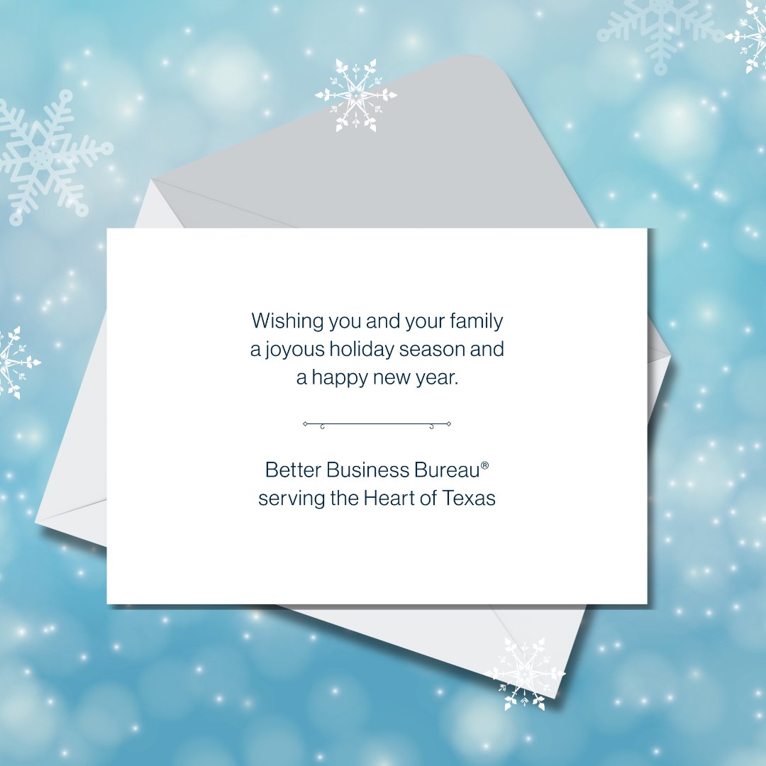 BBB serving the Heart of Texas would like to wish everyone a safe and happy holiday season. We will be closed for the rest of the day for our annual Holiday Party and will resume regular operations on Monday. Have a great weekend!

#BBBHOT #HappyHolidays