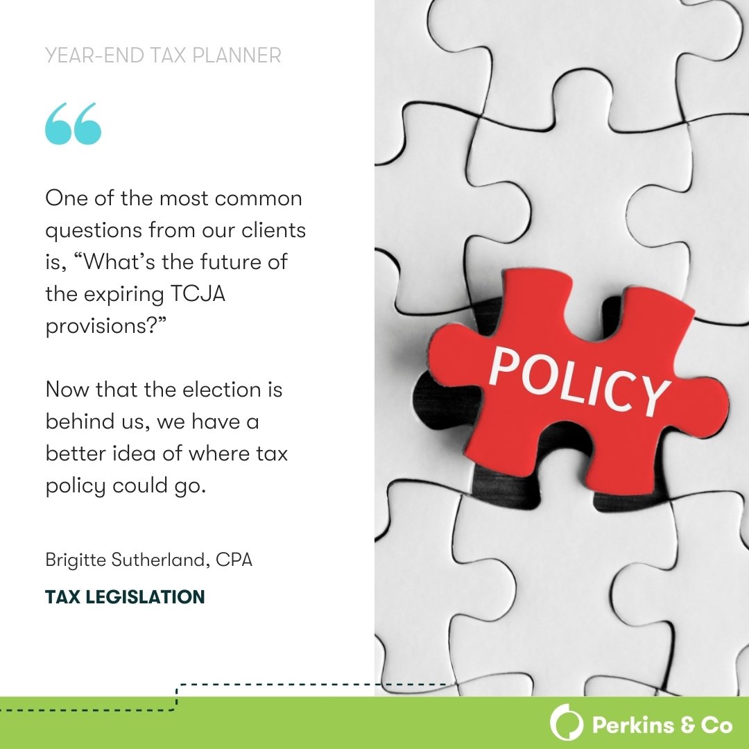 What’s next for the expiring Tax Cuts and Jobs Act provisions? Now that the election is behind us, we’re starting to see the direction tax policy might take. Learn more in our 2024 year-end tax planning guide: bit.ly/3DATv31

#TCJA #Taxes #FinancialAdvisor