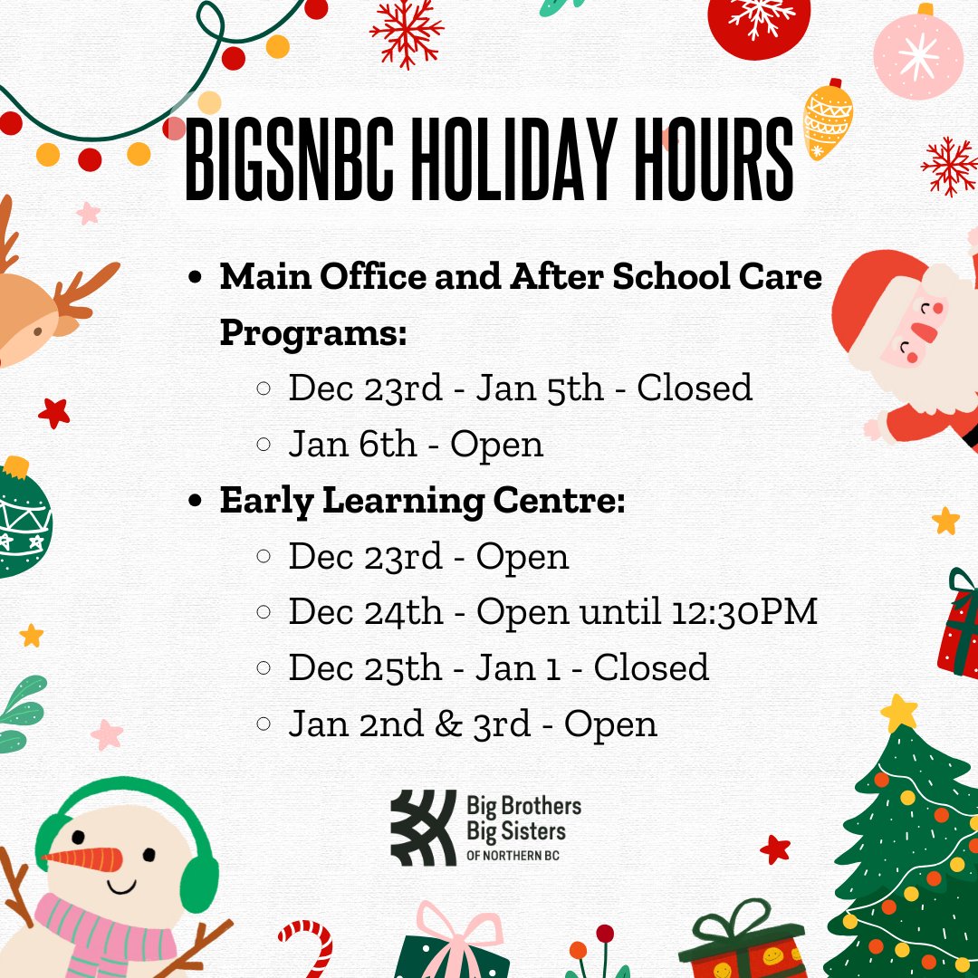 Happy Holidays everyone! Our office and After School Care programs will be closed over the holidays from December 23rd to January 5th, and we will reopen on January 6th. Our Early Learning Centre hours will be reduced over the holidays.🎄