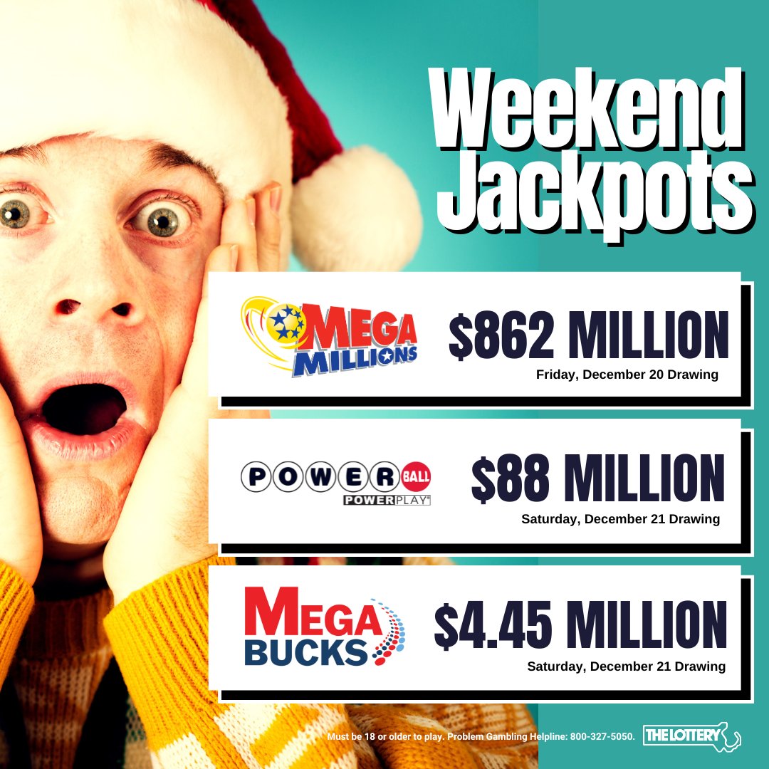 MAStateLottery's tweet photo. Look at that Mega Millions jackpot ๐คฉ WOW!
#MegaMillions #Powerball #Megabucks #Jackpots
#MassLottery
#StateOfWinning
#UglySweaterDay https://t.co/YwSi2W6HdX