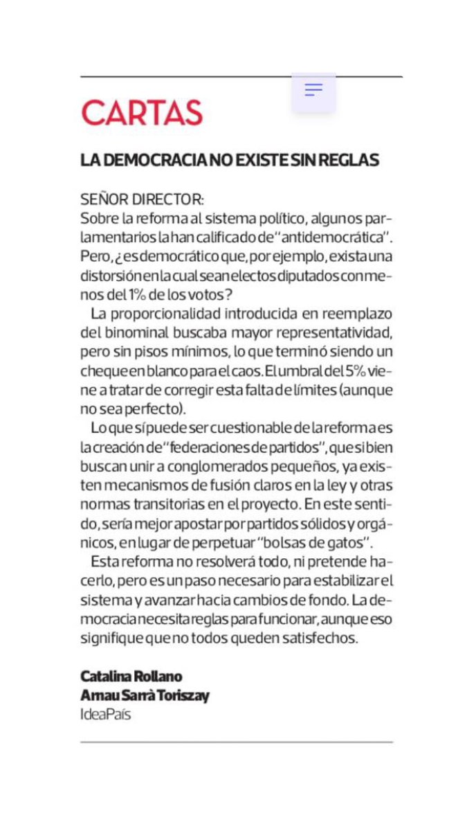 ArnauSarraT's tweet photo. Hoy en @latercera 📰 junto a @catalinarollano sobre la reforma al sistema político y algunas criticas que han surgido 🤔 https://t.co/z3KWwwhHP7
