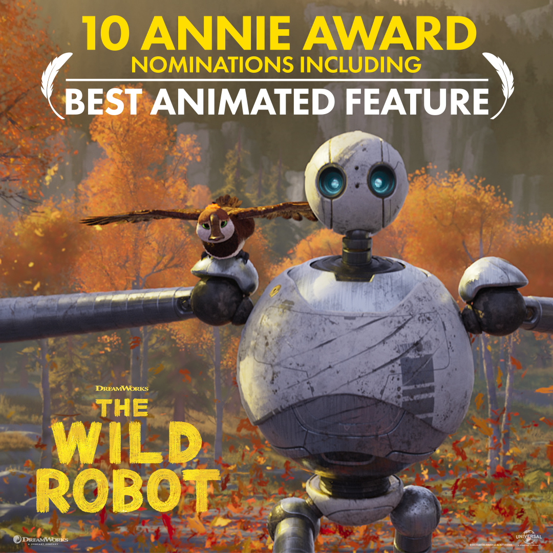 Dreamworks's tweet image. #TheWildRobotMovie earns 10 nominations at the #AnnieAwards, including Best Feature, Best Direction - Feature [Chris Sanders], Best FX - Feature, Best Character Animation - Feature, Best Character Design - Feature, Best Editorial - Feature, Best Music - Feature [Kris Bowers],…