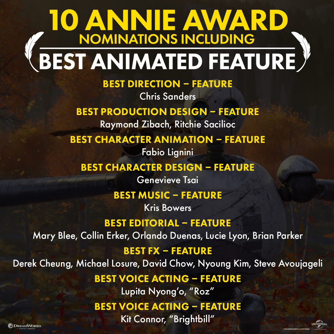 Dreamworks's tweet image. #TheWildRobotMovie earns 10 nominations at the #AnnieAwards, including Best Feature, Best Direction - Feature [Chris Sanders], Best FX - Feature, Best Character Animation - Feature, Best Character Design - Feature, Best Editorial - Feature, Best Music - Feature [Kris Bowers],…