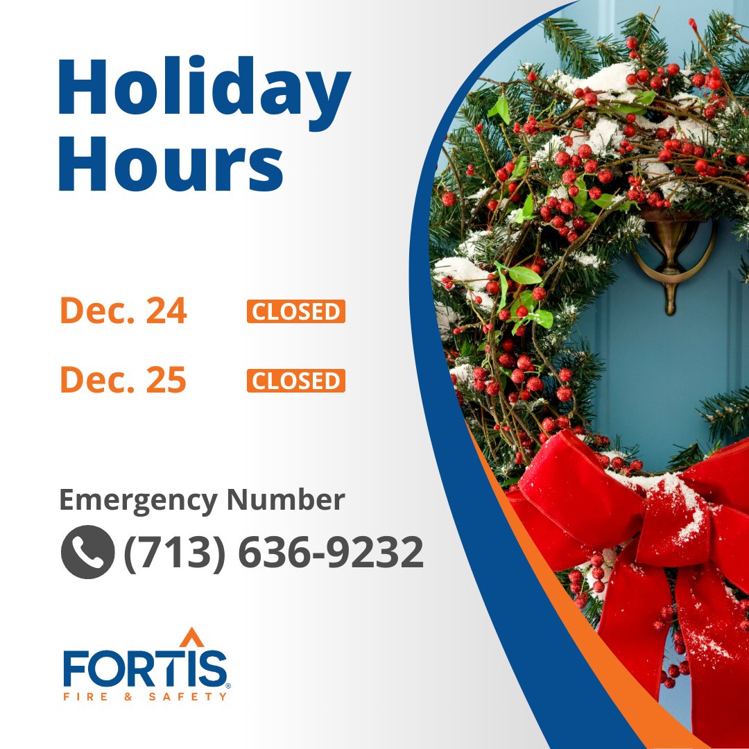 FortisFire's tweet photo. Next week is set to be full of happy holidays, and part of that is giving our team some time off to spend with family. 

Our offices will be closed on Dec. 24 and 25, but if you need emergency service, we’ll be on call. 

Give us a ring at (713) 636-9232. 

#HappyHolidays https://t.co/jQCKEurHQG