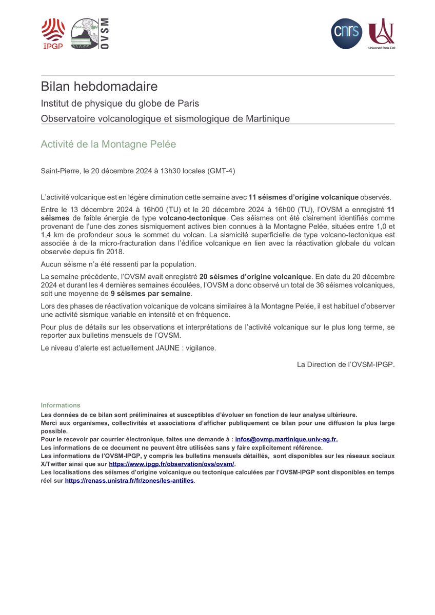 Le bilan hebdomadaire de l’activité de la Montagne Pelée pour la période du 13 au 20 décembre 2024 est disponible. Retrouvez les bilans précédents sur le site de l'OVSM-IPGP: ipgp.fr/fr/ovsm/bilans