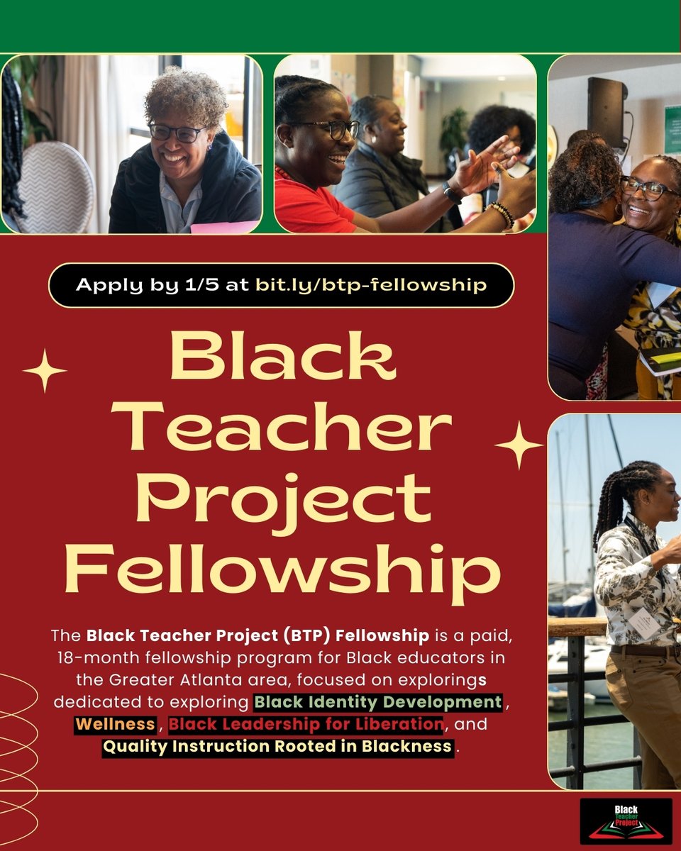 National Equity Project (@equityproject) on Twitter photo #BlackTeachers in Greater #ATL area, apply to <a href="/BlackTeacherPro/">Black Teacher</a>'s BTP Fellowship, an 18-month paid program that fosters community, deepens your leadership & supports you in creating equity-centered change in #edu w/ coaching & a $2.1k stipend. Apply by 1/5! bit.ly/btp-fellowship #BlackTeachers in Greater #ATL area, apply to <a href="/BlackTeacherPro/">Black Teacher</a>'s BTP Fellowship, an 18-month paid program that fosters community, deepens your leadership & supports you in creating equity-centered change in #edu w/ coaching & a $2.1k stipend. Apply by 1/5! bit.ly/btp-fellowship
