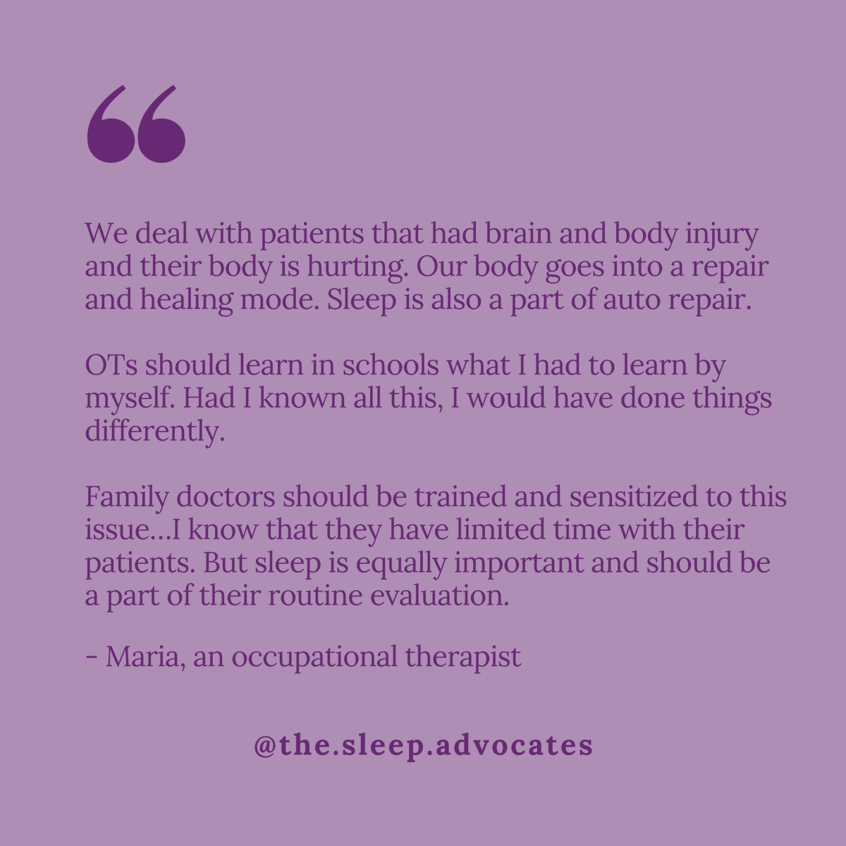 Maria, an occupational therapist was not formally taught about sleep, but recognizes its importance in rehabilitation. She remains hopeful and calls for action.

css-scs.ca/share-your-sle…

<a href="/mcgillu/">McGill University</a> 
<a href="/TheNeuro_MNI/">The Neuro</a> 
<a href="/canadiansleep/">Canadian Sleep Research Consortium</a> 
<a href="/ReseauSommeilQC/">ReseauSommeilQc</a>