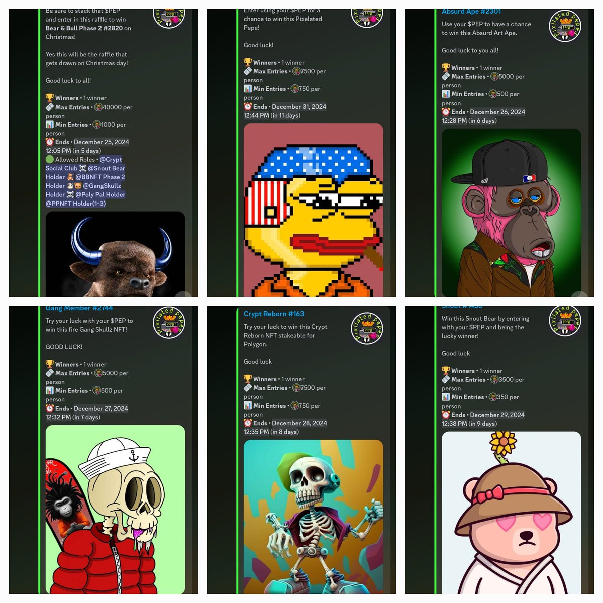Make sure to enter the raffles that are up in #PPNFT discord.

Starting Dec 25th till Dec 31st 1 will be drawn daily

Prizes including but not limited to a <a href="/bearandbullnft/">The Bear And Bull NFT</a> phase 2, GangSkullz(<a href="/I_T_NFT/">Medi 💀 Inner 💭s💢⚡️</a> X <a href="/SickSkullGang/">The Sick One</a>), <a href="/cryptsocialclub/">💀 Crypt Social Club 💀</a> Reborn, <a href="/AbsurdArtApes/">Absurd Apes (1%)</a>, <a href="/SnoutBears/">Snout Bears NFT</a> &amp; more!