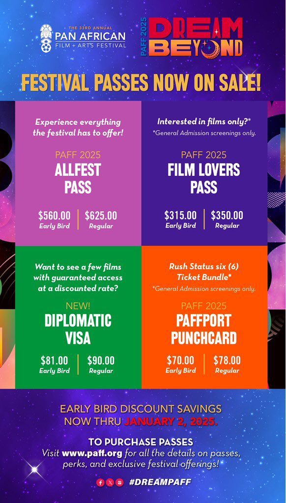 Don’t miss out on the PAFF Passes Sale happening NOW until January 2nd! 🎥🌟

Unlock access to powerful films, art, and culture—buy your passes today at Paff.org! 🖤💚❤️

#PAFF2025 #holiday #dreampaff #BlackArt #FilmAndCulture #SupportBlackStories