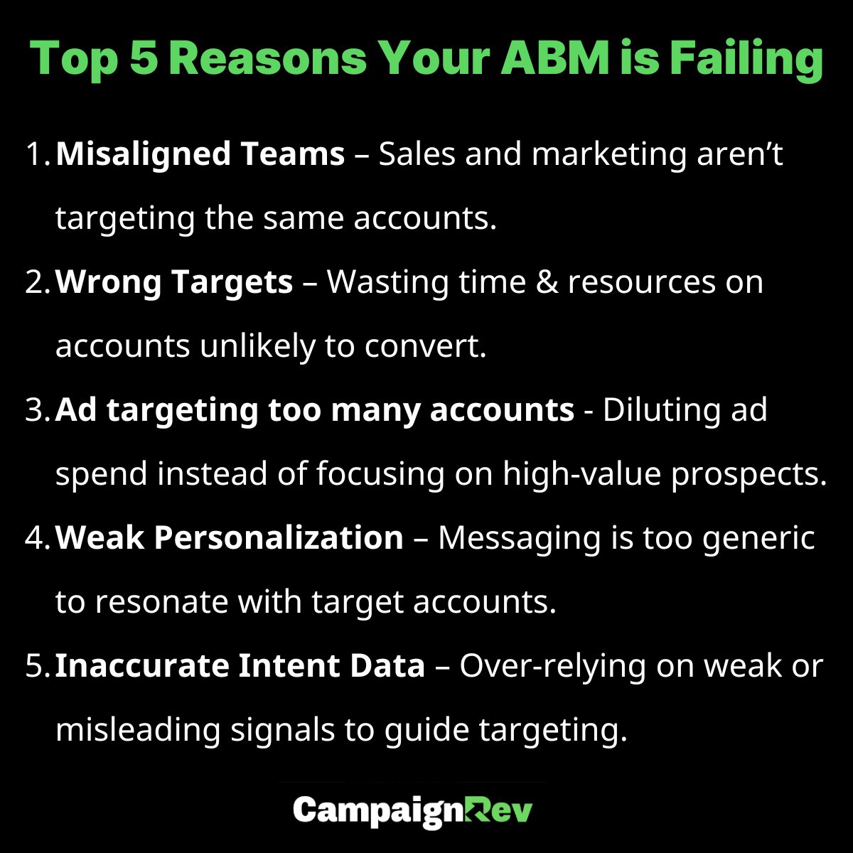 CampaignRevHQ's tweet image. Is your ABM missing the mark? 🎯 Here are the top 5 reasons:
1️⃣ Misaligned Teams
2️⃣ Wrong Targets
3️⃣ Targeting Too Many Accounts
4️⃣ Weak Personalization
5️⃣ Inaccurate Intent Data
Avoid these pitfalls to boost ROI. Which one resonates most?👇
#ABM #B2BMarketing #SEO #Inbound