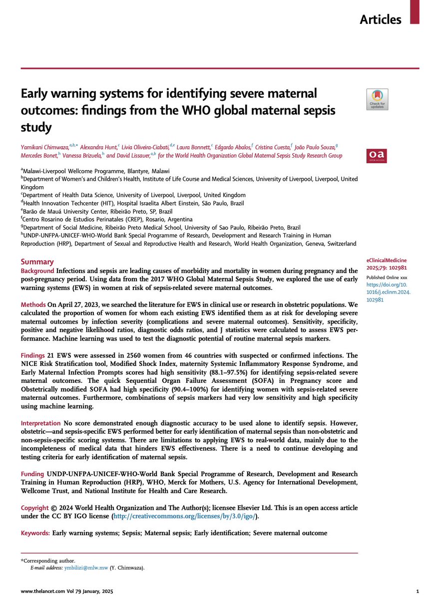 📢New in <a href="/eClinicalMed/">eClinicalMedicine – The Lancet Discovery Science</a>, findings from a <a href="/HRPresearch/">HRP</a> study show that obstetric &amp; sepsis-specific early warning systems outperform general scoring to identify severe outcomes related to maternal #sepsis, a leading cause of #maternalmortality

Read more: bit.ly/4fdg0bA