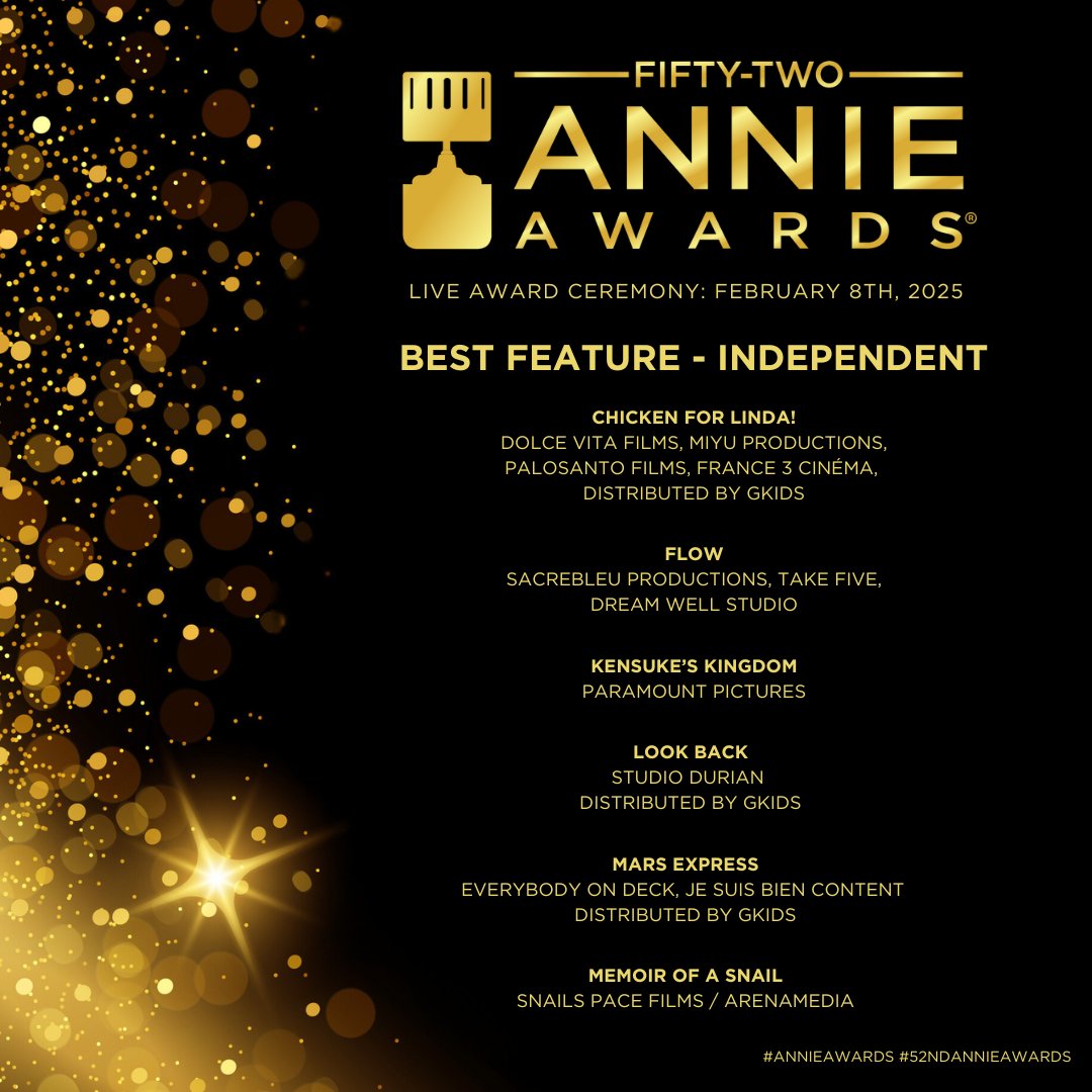 Congratulations to the 52nd Annie Awards Nominees for Best Feature - Independent!

To learn more, visit annieawards.org

#annieawards #52ndannieawards