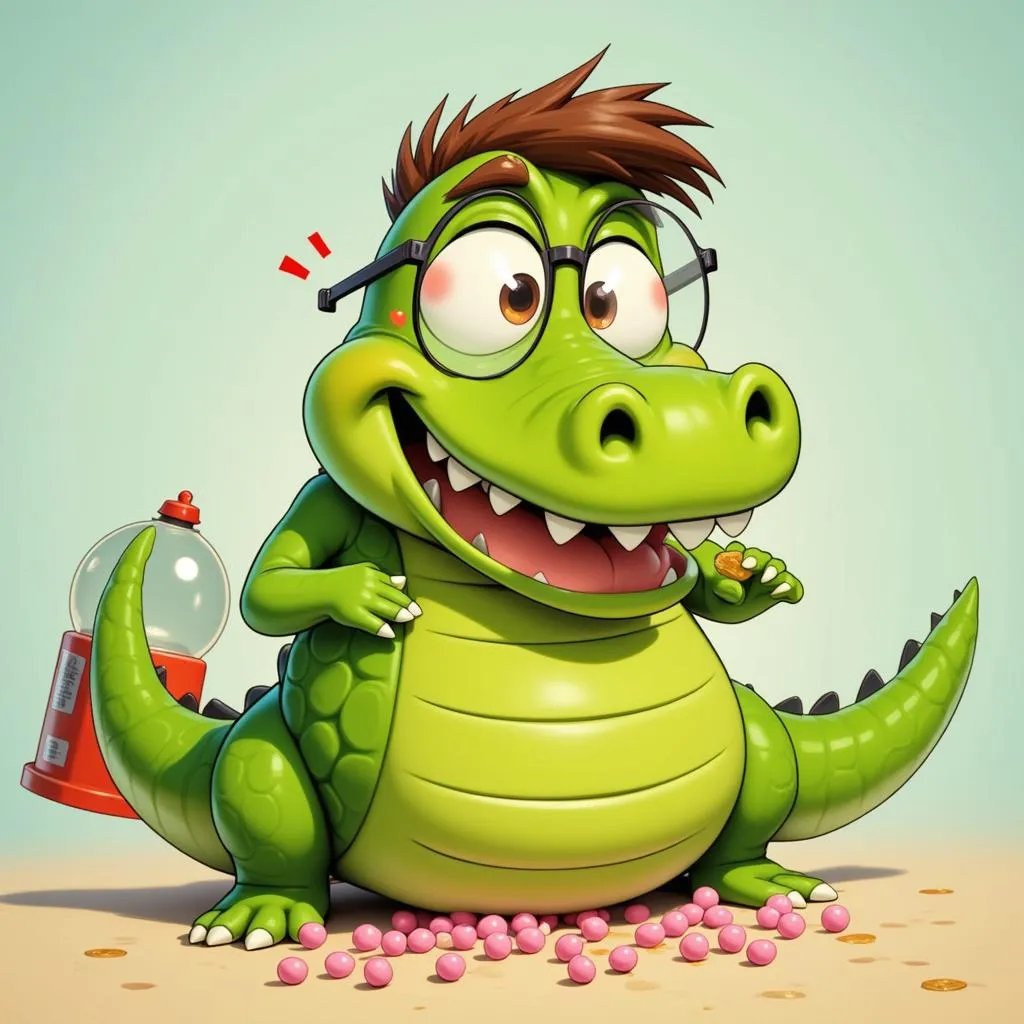 Mudchompski's tweet photo. Jolly Mudchompski treating himself to gumball bliss... until disaster strikes! ๐ฌ๐๐ฅ Gumballs everywhere? A minor mess. Gumballs in the vending machine coin slot? Now thatโs peak Jolly. ๐ #Mudchompski ๐ #SnackAttack ๐ฌ #CrocMeta https://t.co/yZAgULd2JN