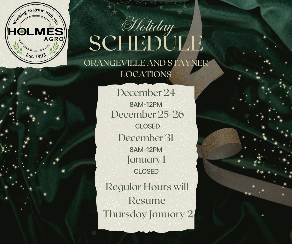 Our Orangeville and Stayner Locations will be operating with the revised schedule during the holidays!
We will return to regular hours on Thursday January 2nd, 2025!