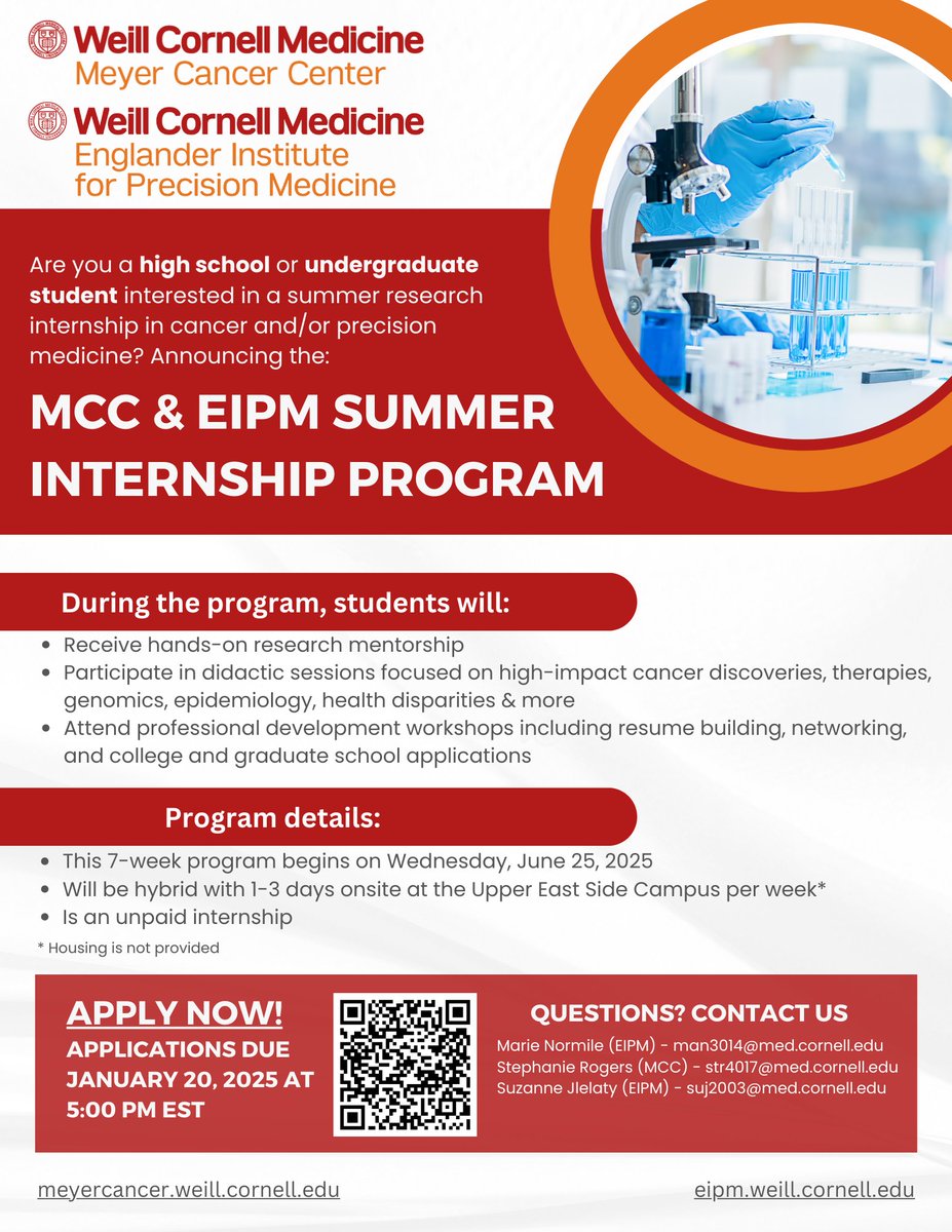 Weill Cornell Medicine Meyer Cancer Center (@wcm_meyercancer) on Twitter photo The Meyer Cancer Center and the <a href="/WCMEnglanderIPM/">WCM Englander Institute for Precision Medicine</a> are excited to announce that applications are now open for our joint Summer Internship Program. Apply soon!
#ResearchInternship #CancerResearch #PrecisionMedicine The Meyer Cancer Center and the <a href="/WCMEnglanderIPM/">WCM Englander Institute for Precision Medicine</a> are excited to announce that applications are now open for our joint Summer Internship Program. Apply soon!
#ResearchInternship #CancerResearch #PrecisionMedicine
