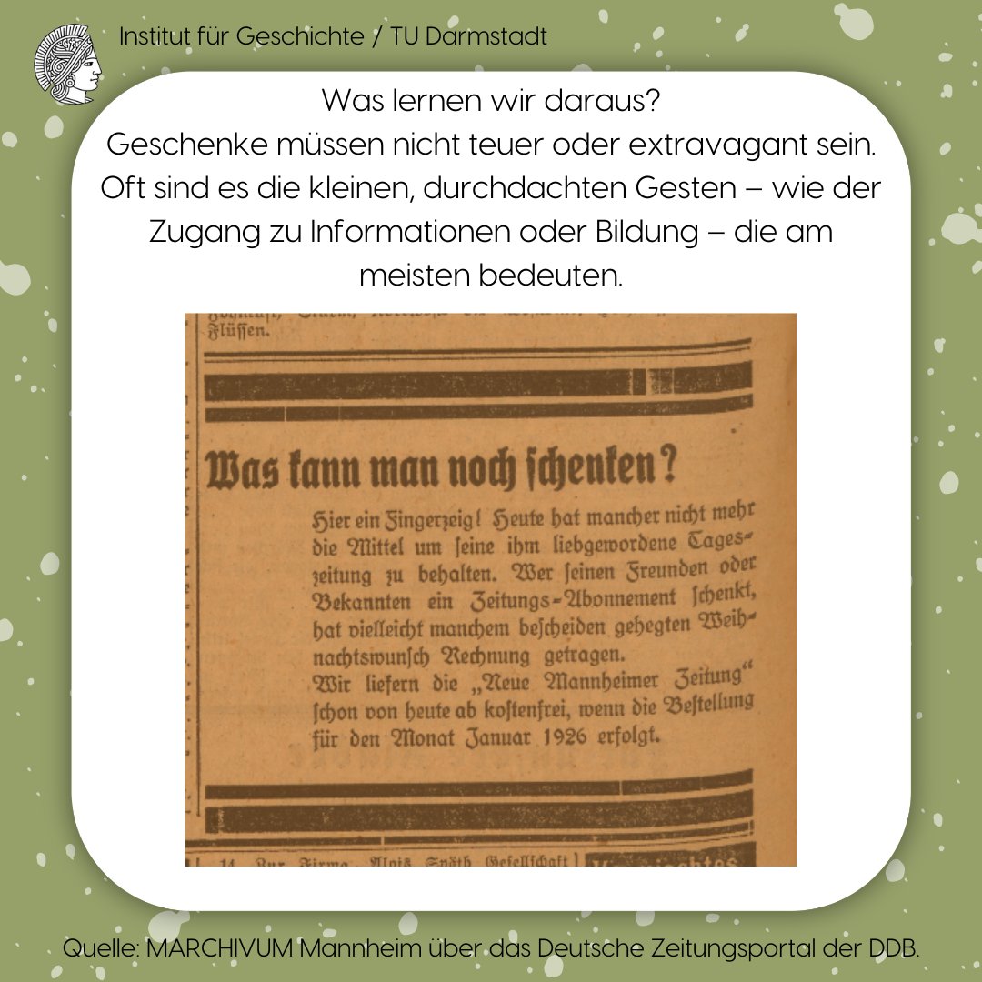 🎄✨ Türchen Nr. 21
Na, habt ihr alle schon eure Geschenke? 🎁
Falls nicht, haben wir hier eine außergewöhnliche Idee aus dem Jahr 1925! 🤪

Quelle: MARCHIVUM über das Deutsche Zeitungsportal der ddb:
deutsche-digitale-bibliothek.de/newspaper/item…