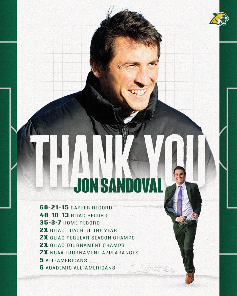 NMU_wsoccer's tweet photo. Jon Sandoval has stepped down to accept the head coach position with Division I Loyola University Chicago.

Thank you for everything you've done for our program, coach. We wish you the best of luck at Loyola 💚💛

📰 https://t.co/UJF9dquX9k

#NMUwildcats https://t.co/Gb8o8FzE56