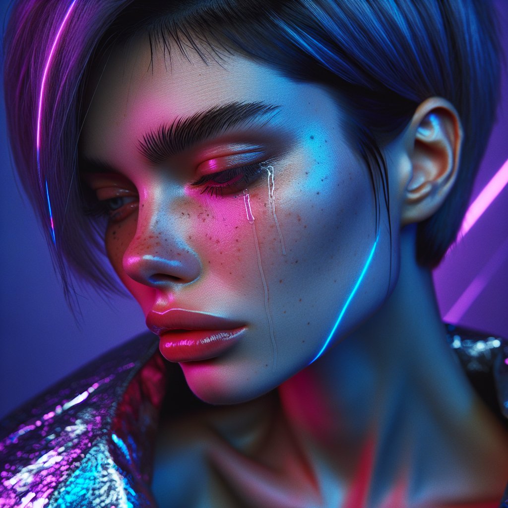 The_Awakening81's tweet photo. Createt with https://bitte.aiDiscover the future of blockchain with @NEARProtocol and @BitteProtocol. 
Experience ultra-fast, secure, and personalized transactions.

#BitteAI #NEAR #BTC #ETH #FutureOfCrypto #memecoin #Girl #shitcoin #MemesAI #woman

Promt: Urban Serenity (Close-Up)
Scene: A tight frame captures a young woman with a caramel complexion and sleek, short hair dyed in silver and lavender streaks. Neon reflections of purple and blue dance across her face, emphasizing her striking features. Expression: Her eyes are closed, her brow slightly furrowed as if caught in a painful memory, with a single tear rolling down her cheek. Outfit: A modern, asymmetrical metallic top with shimmering textures reflects the neon glow, blending futuristic allure with raw emotion. Mood: The interplay of neon colors and her emotional vulnerability creates a visually dynamic and deeply moving image.
