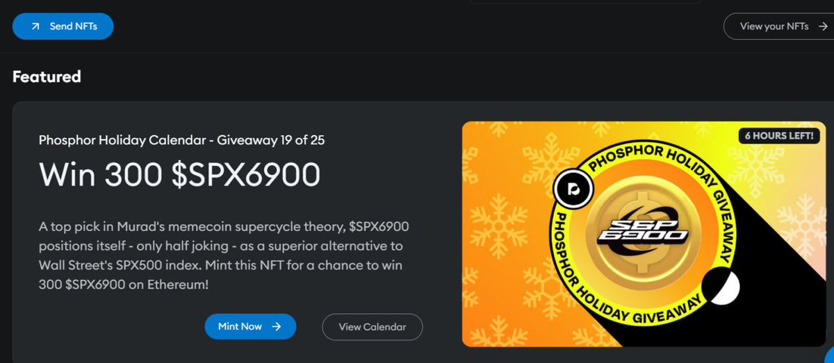 Crypto_Hunter_O's tweet photo. 🔥Mint MetaMask ~ Phosphor Holiday Calendar Giveaway (19/25)
🏆Win 300 $SPX6900
🔗Mint here: https://t.co/3EieCYe58q
⛽️ 0.04$ LINEA $ETH
⏳End in 4hr https://t.co/ww427zEcRl