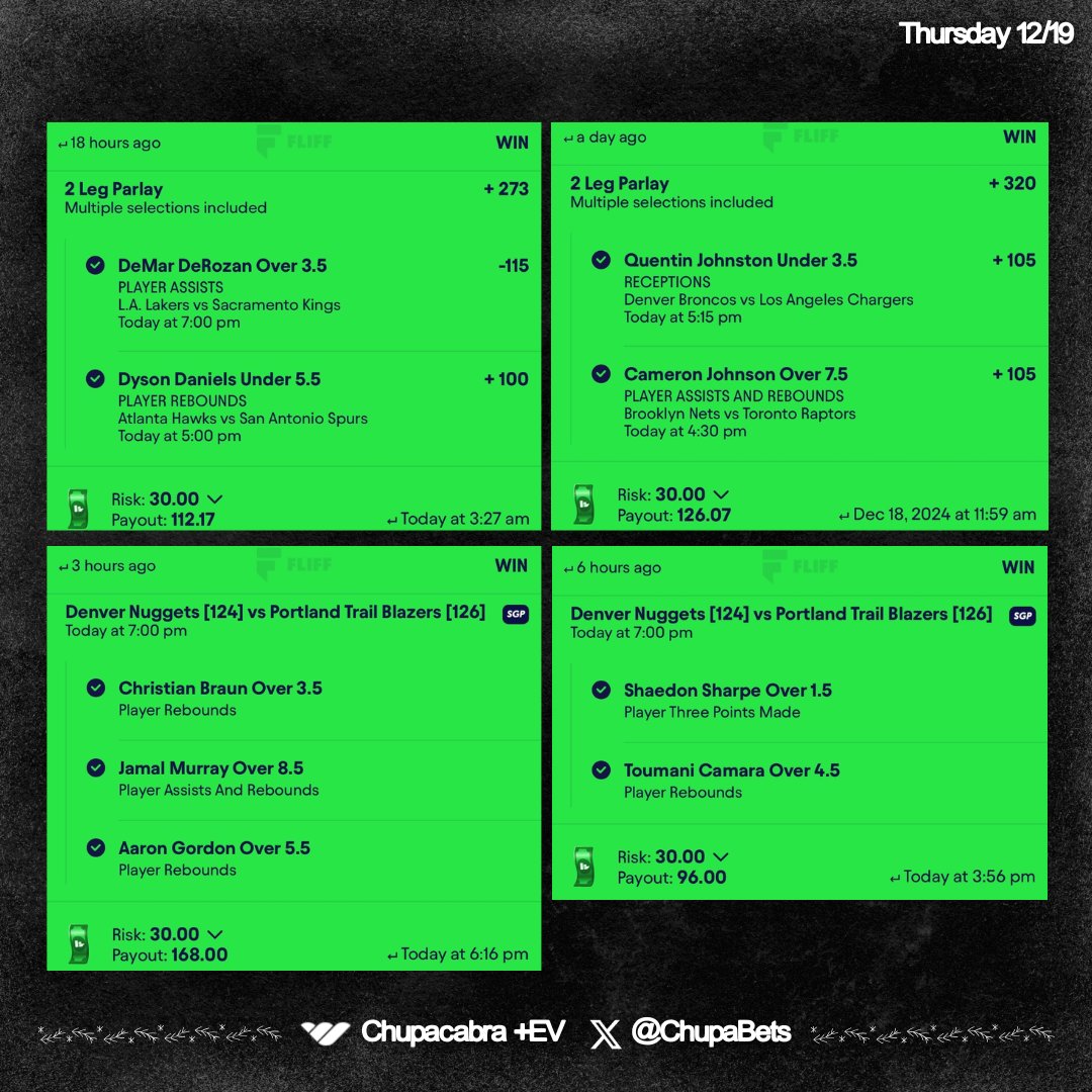 ❄️ Thursday 12/19 Recap ❄️

✅ #Fliff masterclass ⛈️💰 
 
❤️‍🔥 Drop a like if you tailed us yesterday ❤️‍🔥 

⭐️ Join the Chupacabra +EV discord 
🔗 whop.com/chupa-ev?pass=… 

📕 Plays found on <a href="/OddsJam/">OddsJam.com</a>
🔗 Sign up for Oddsjam / oddsjam.com/?ref=mjdmntb

#betrpicks #underdog #GamblingX