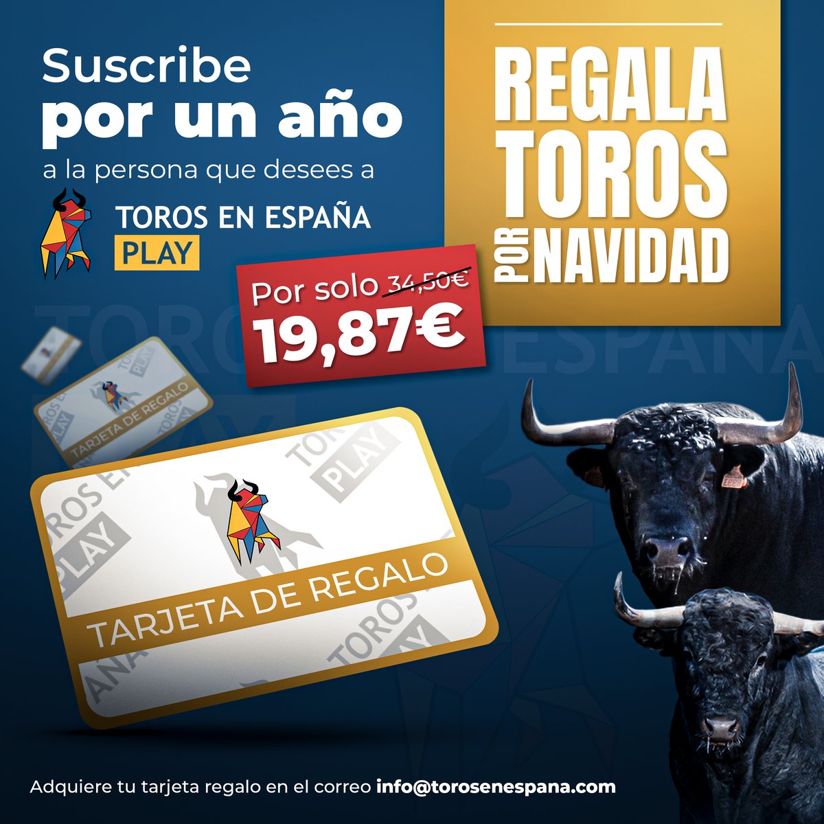 🎁🎄 ¡𝗥𝗘𝗚𝗔𝗟𝗔 𝗧𝗢𝗥𝗢𝗦 𝗣𝗢𝗥 𝗡𝗔𝗩𝗜𝗗𝗔𝗗!

👉 Estas navidades sorprende a todos y regala Toros en España Play por navidad ¡Es muy fácil! 

🤩 Manda un email a info@torosenespana.com y te enviaremos la tarjeta personalizada.

#toros #navidad #regalo