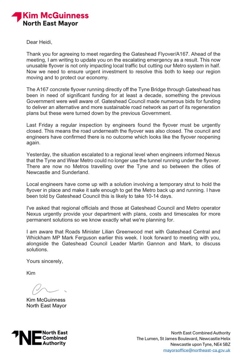 I’m pleased the Transport Secretary <a href="/Heidi_Labour/">Heidi Alexander MP</a> has agreed to my request for an urgent meeting to find a permanent solution for the Gateshead Flyover.

Myself, <a href="/MarkFergusonMP/">Mark Ferguson</a> and <a href="/MartinGannon002/">Martin Gannon</a> will meet with her Monday. 

Here’s the letter I’ve sent ahead of that meeting 👇🏼
