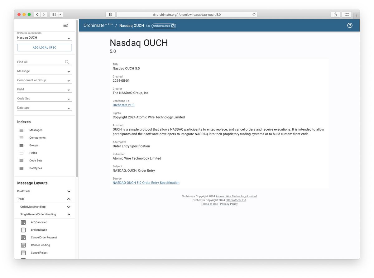 orchimate's tweet photo. 🚨 New #Orchestra spec available! 🚀 Search and explore #Nasdaq's OUCH 5.0 native #OrderEntry binary protocol. @Nasdaq @FIXTrading https://t.co/CrBLgDaHnV https://t.co/QLWHuffqhu