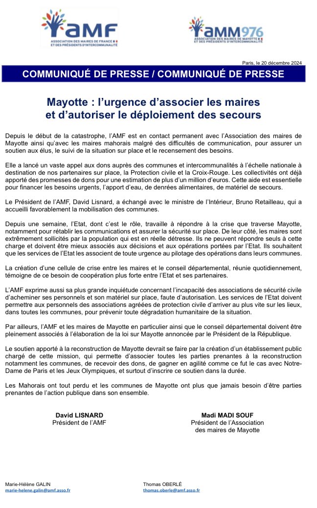 [COMMUNIQUÉ DE PRESSE] 
Mayotte : l’urgence d’associer les maires et d’autoriser le déploiement des secours

Le <a href="/PresidentAmf/">Président de L’AMF</a> et le président de l’Association des maires de Mayotte, Madi Madi Souf, appellent à ce que les maires soient mieux associés aux décisions et opérations