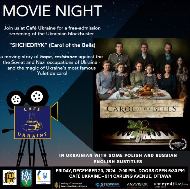 Join us TONIGHT for a film screening: Shchedryk (Carol of the Bells), a moving story of hope &amp; resistance against Soviet and Nazi occupation — and the magic of Ukraine’s most famous Yuletide carol. 

Friday Dec 20. 6:30pm. Admission by voluntary donation to Café Ukraine #ottawa