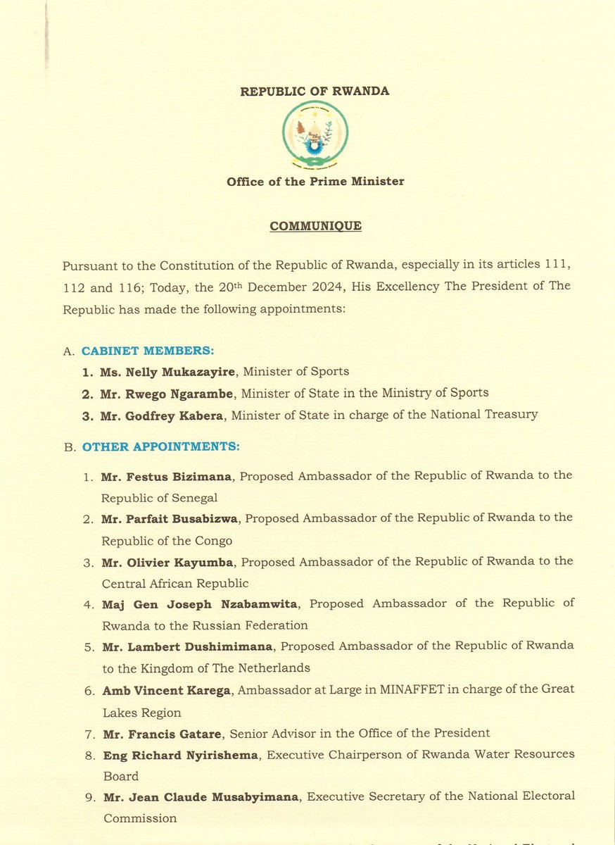 PrimatureRwanda's tweet photo. Communiqué from the Office of the Prime Minister https://t.co/s3oPvvBfmg