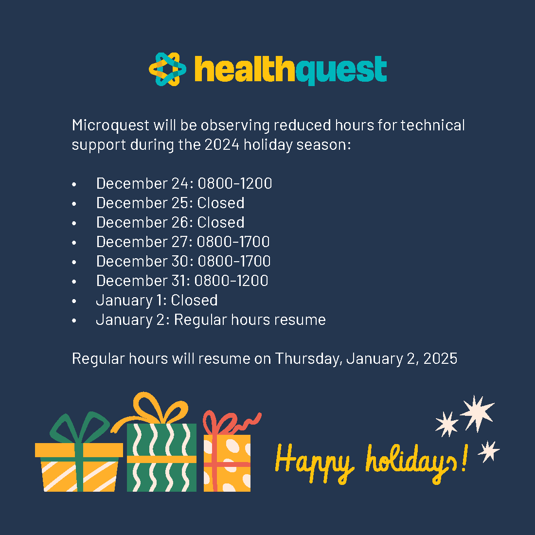 HealthquestEMR's tweet photo. Wishing you a joyful holiday season and a prosperous New Year! Thank you for being part of the Healthquest family—we’re excited for what’s to come in 2025.

#healthquestEMR #Albertahealth #happyholidays https://t.co/4flOxRiAre