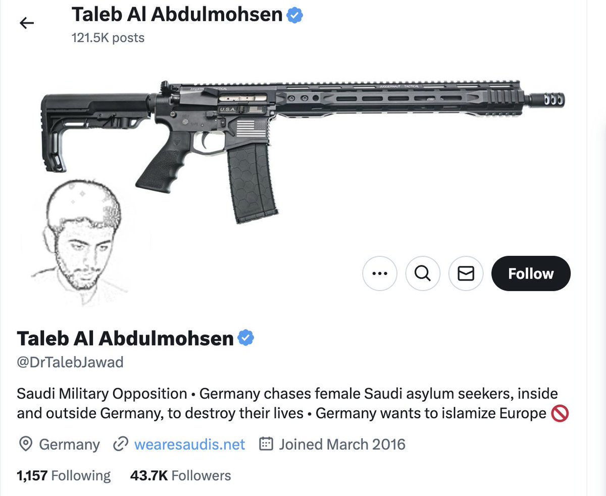According to recent media reports, the suspected perpetrator in #Magdeburg is an anti-Muslim AfD supporter from Saudi Arabia.
Newspaper Welt states, that the political far right activist has a profil on X.
welt.de/politik/deutsc…