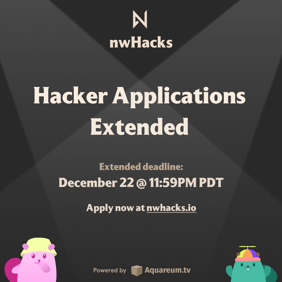 Great news: nwHacks hacker application deadline has been extended! The final deadline is December 22nd, 2024, at 11:59 pm PST. Apply here: nwhacks.io

#nwPlus #nwHacks #10thAnniversary #24hrHackathon #Tech