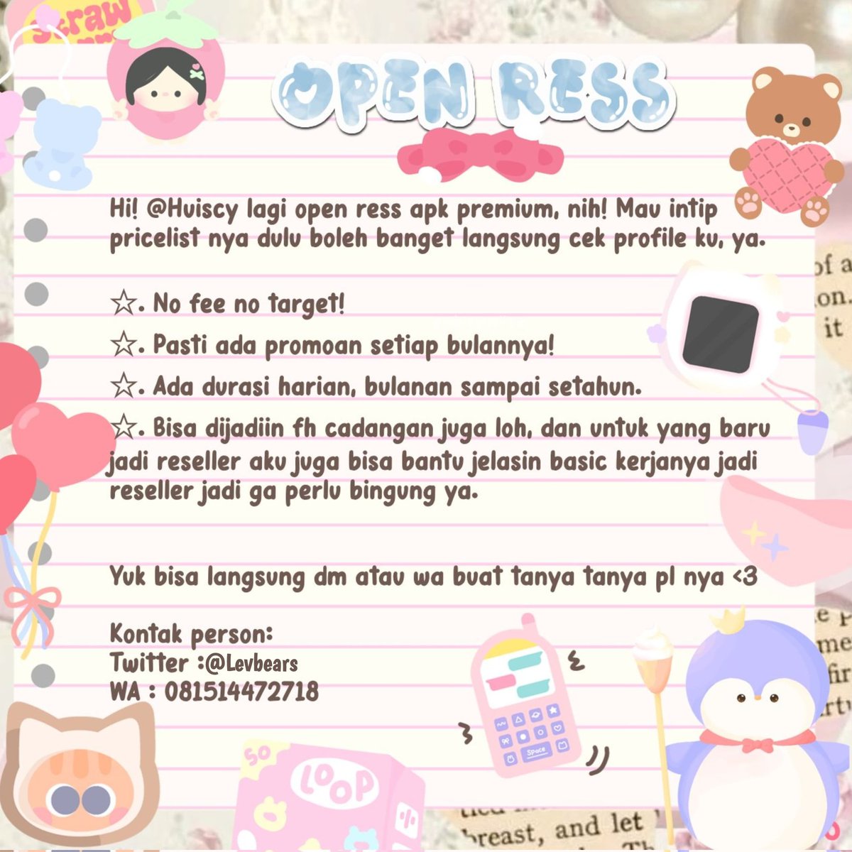 Levbears's tweet image. 𐙚˙⋆ Hello! @Levbears lagi open ress app prēmium, nih! fh since 2022 dijamin amanah. Mau intip pricelist nya dulu boleh banget langsung dm atau wa yaaa. 

❤︎. wa: bit.ly/Aishiez x #zonauang️ #zonaba
